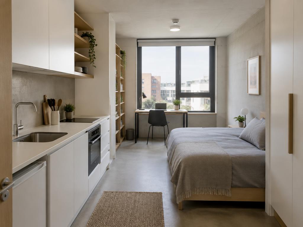 Interior de estudio amoblado con cocineta, cama con ropa gris y escritorio junto a la ventana