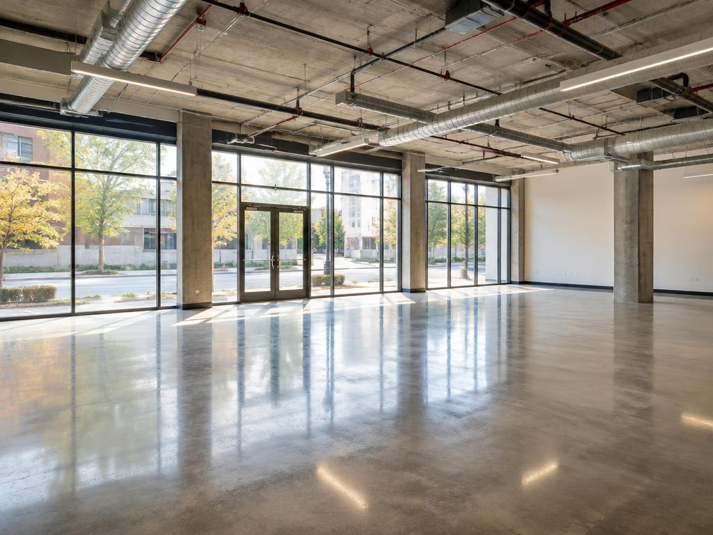 Local comercial vacío con piso de hormigón pulido, pilares de hormigón y vitrina al frente
